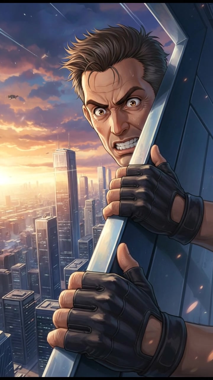 Close-up of Omar's gloved hands gripping the edge of the titanium window ledge.