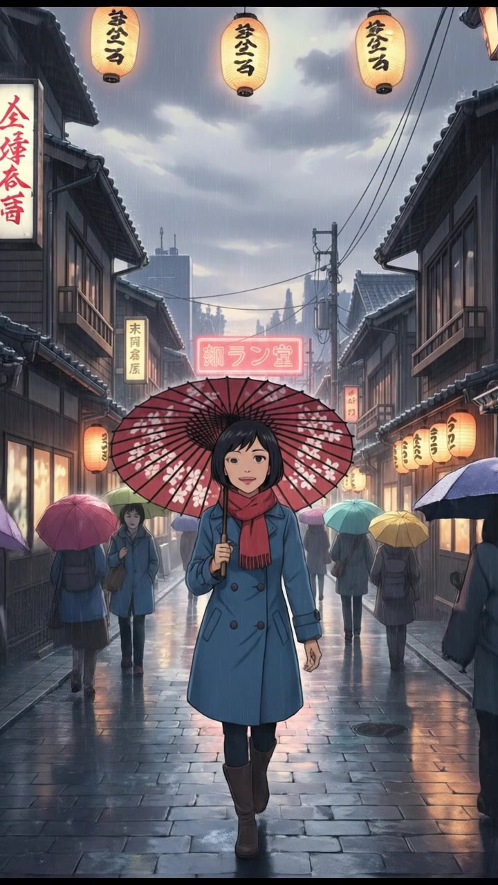 A rainy street in Tokyo, with traditional buildings lined along the road and Li walking under an umbrella.