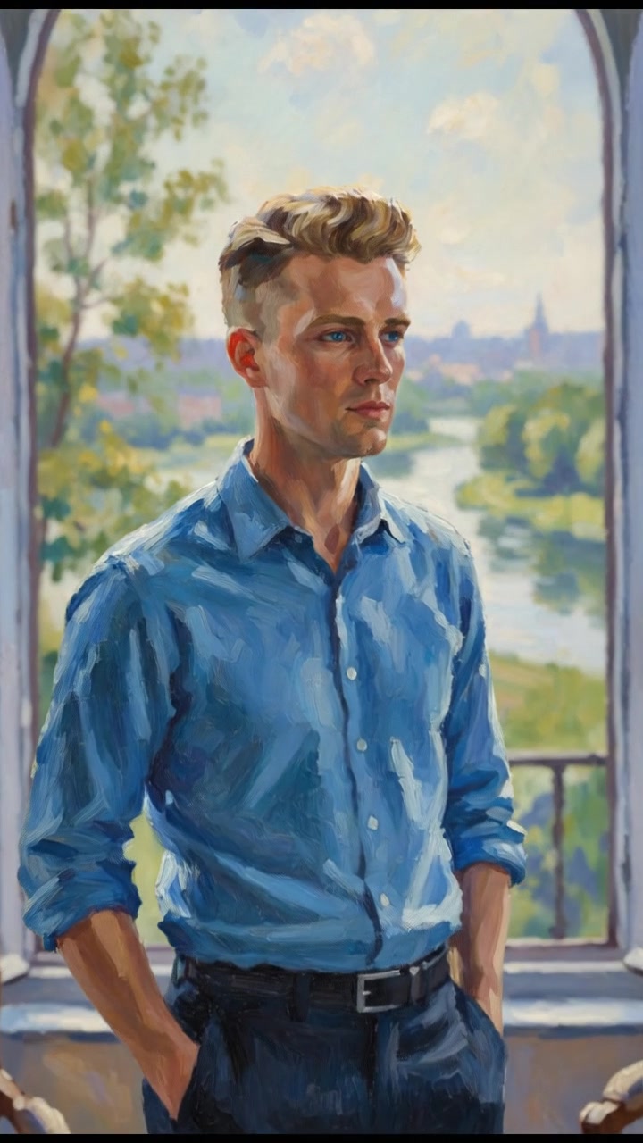 Ryan standing in front of a large window, gazing out with a thoughtful expression.