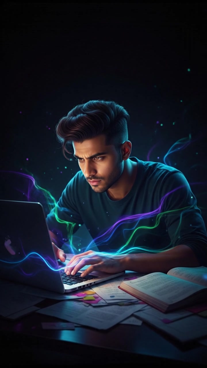 Arjun brainstorming ideas at a desk cluttered with papers and a laptop, looking determined.