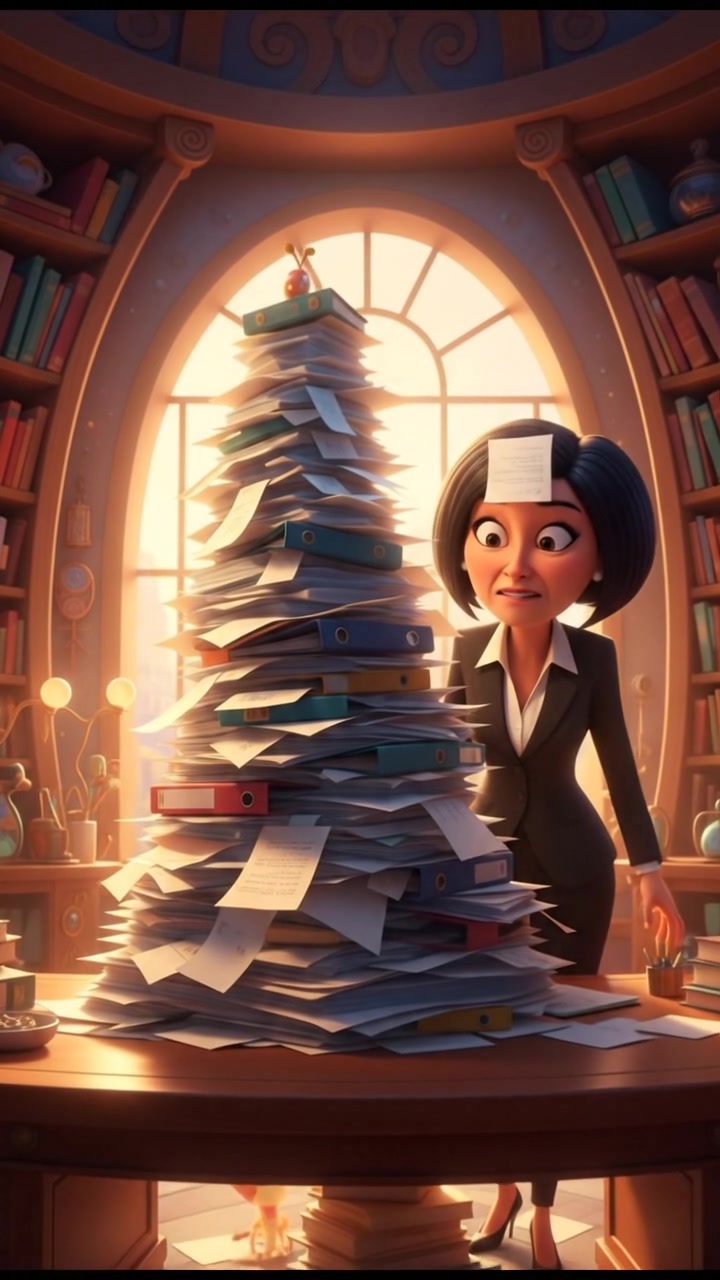 Li looking frustrated, paperwork piled high on her desk.