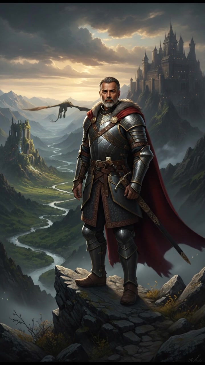 Raj, confidently standing on a mountain peak, gazing into the distance with determination.