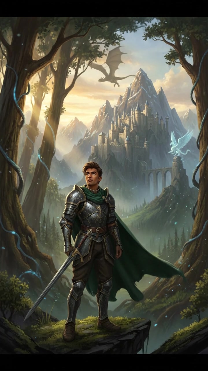 Arjun, standing in a forest, gazes at the towering mountains in the background.