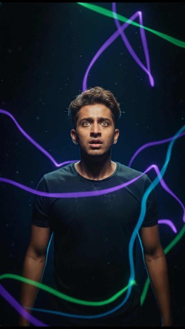 Arjun standing still in a dimly lit room, breathing heavily with a fearful expression.