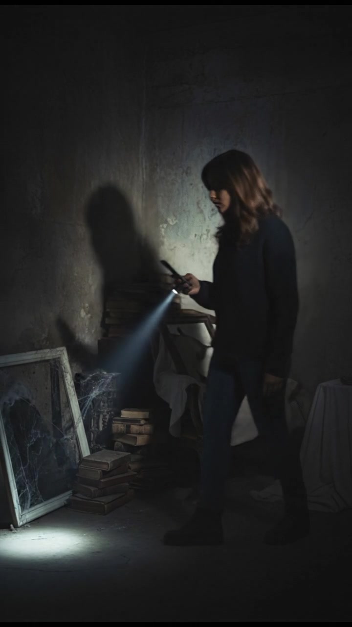 Priya holding her phone, with the flashlight illuminating the dark corner of the room.