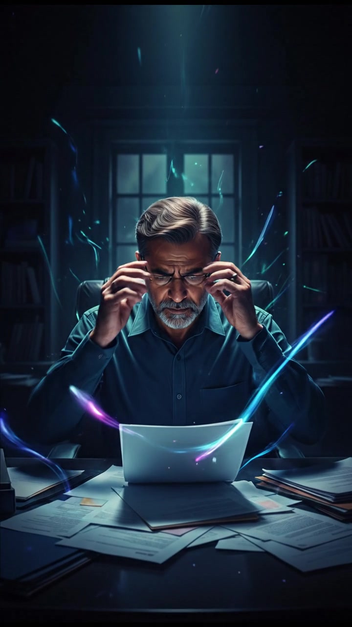 Raj looking at a report with a concerned expression, sitting at a desk filled with documents.