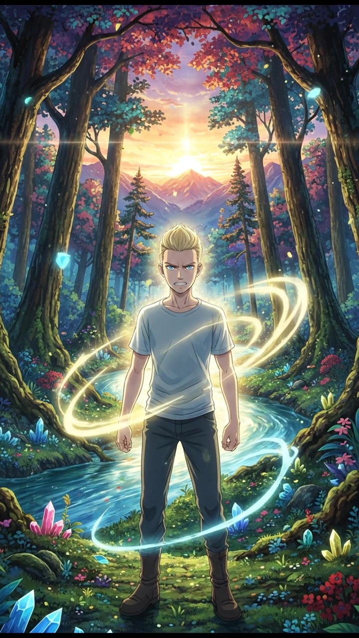Ryan stands in a forest, surrounded by tall trees, looking determined with a glowing aura.