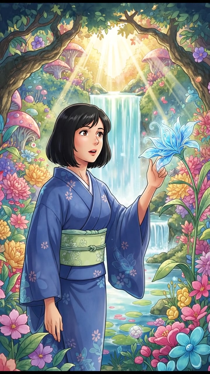 Li in a garden, gently touching a flower petal, looking amazed.