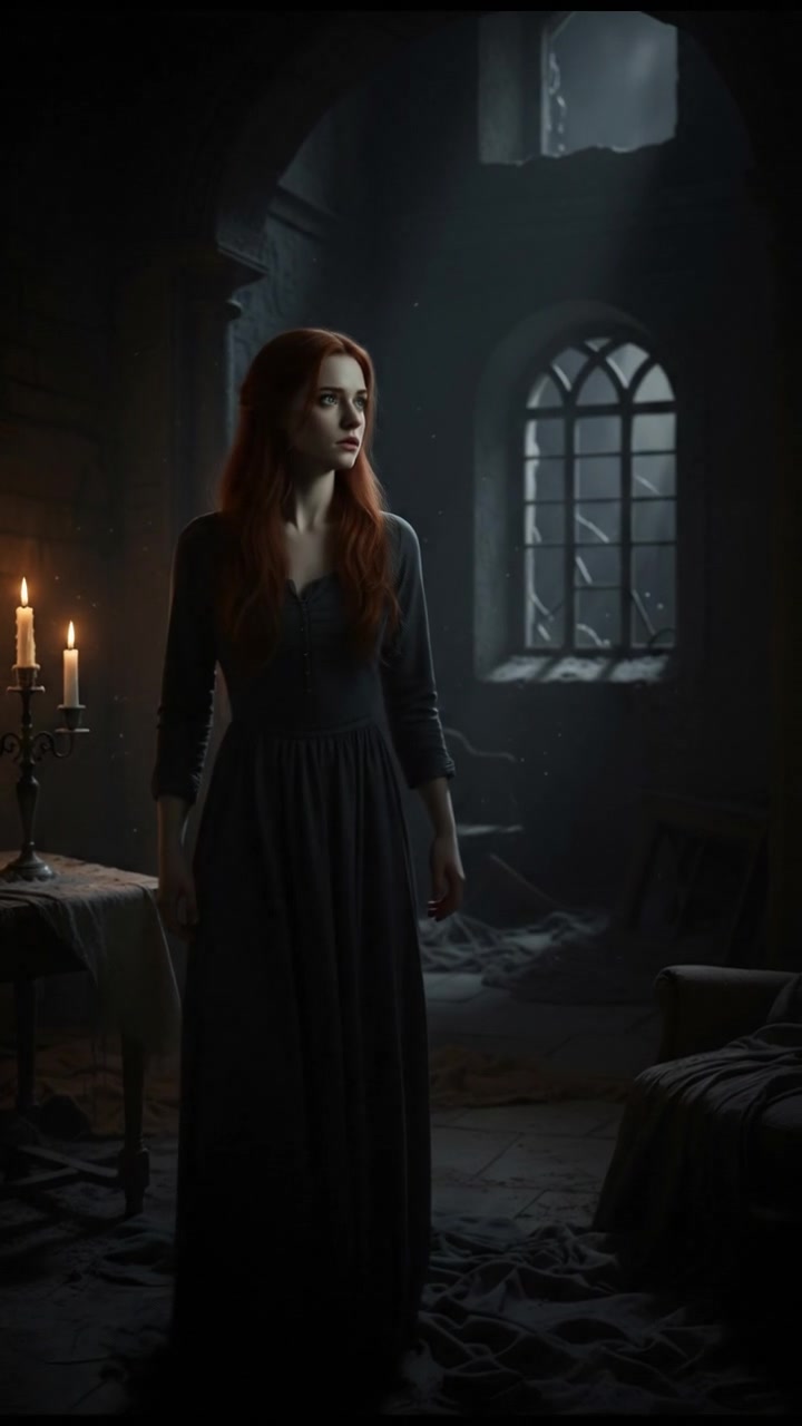 An empty room with Emma in the foreground, looking nervously into the darkness.