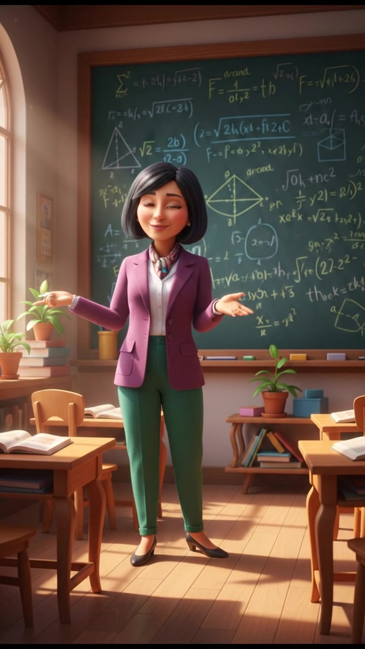Li standing in front of a blackboard filled with math equations in a bright classroom.