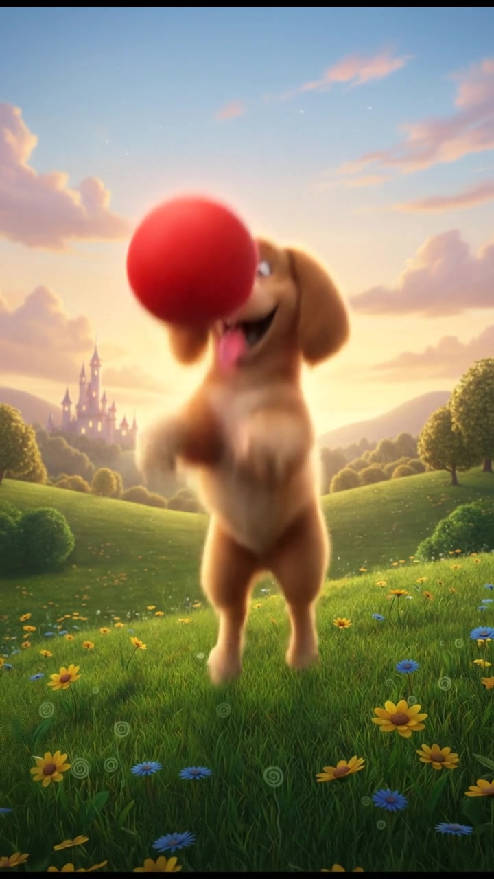 Rover, a fluffy golden dog, leaps into mid-air to fetch a bright red ball in a grassy field.
