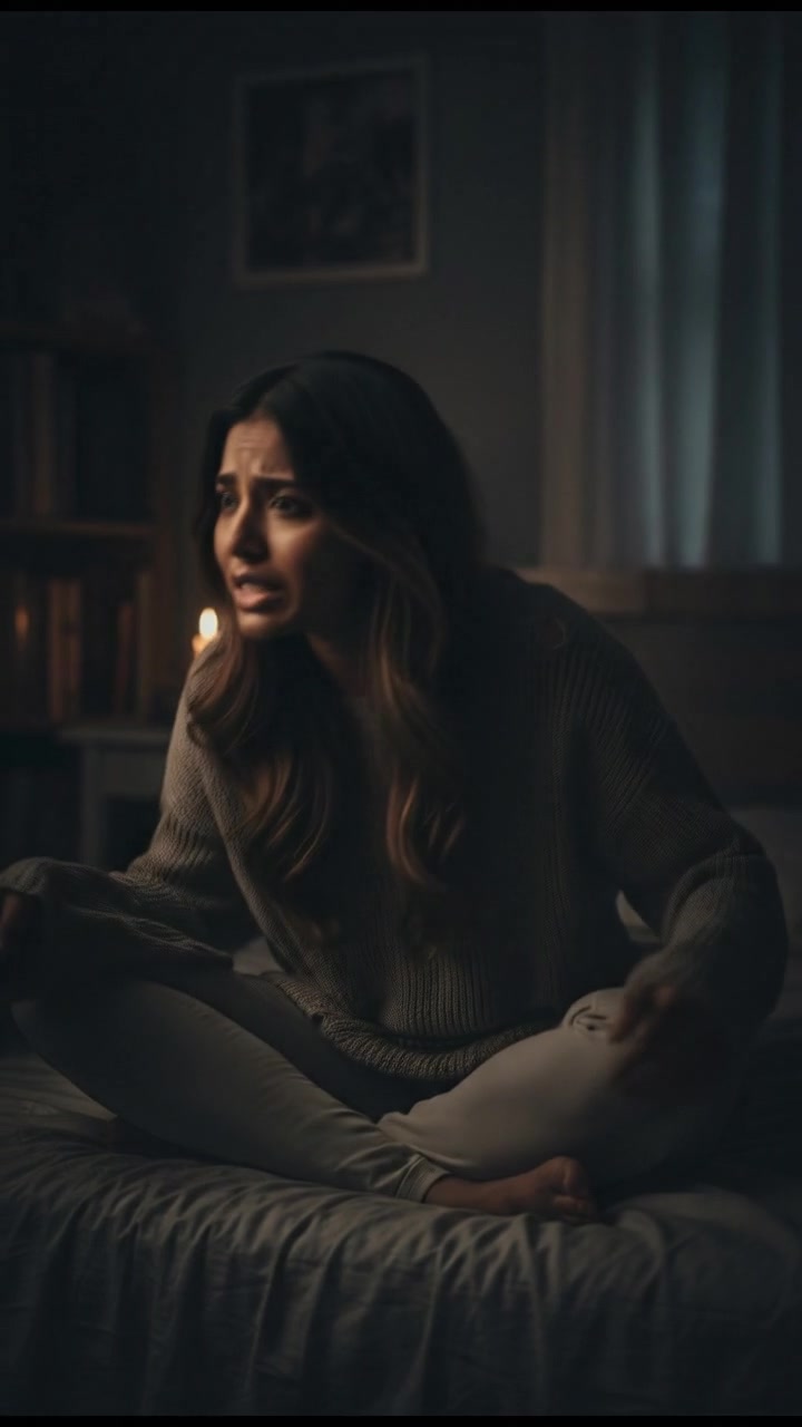 Priya sitting on her bed at midnight, listening intently with a concerned expression.