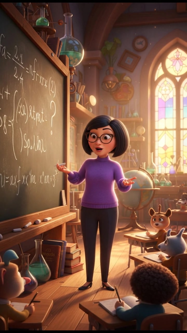 Li standing at a chalkboard in a classroom, pointing at a difficult question written in chalk.