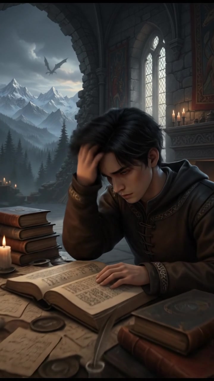 Ken sitting at a desk covered in books and papers, looking exhausted and frustrated.