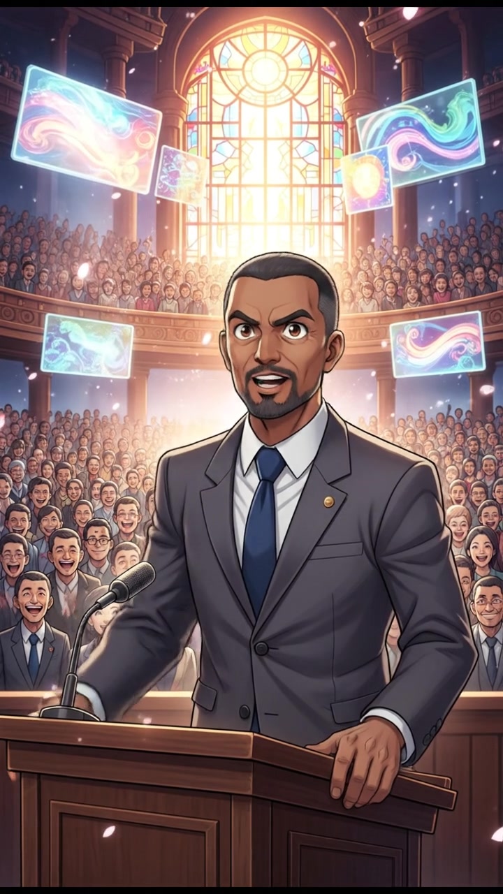 Kwame standing at a podium in front of a crowded audience, passionately delivering a speech.