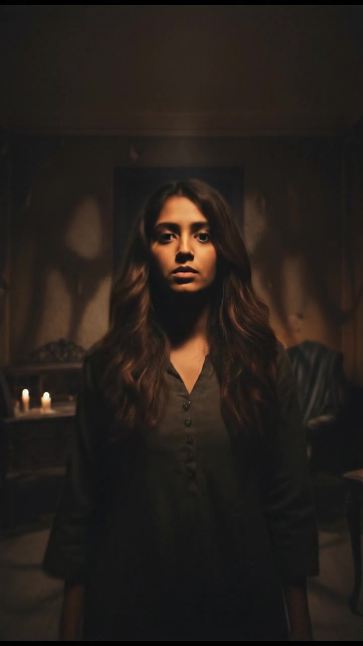 A quiet, darkened room with Priya standing still as the knocking sound fades.