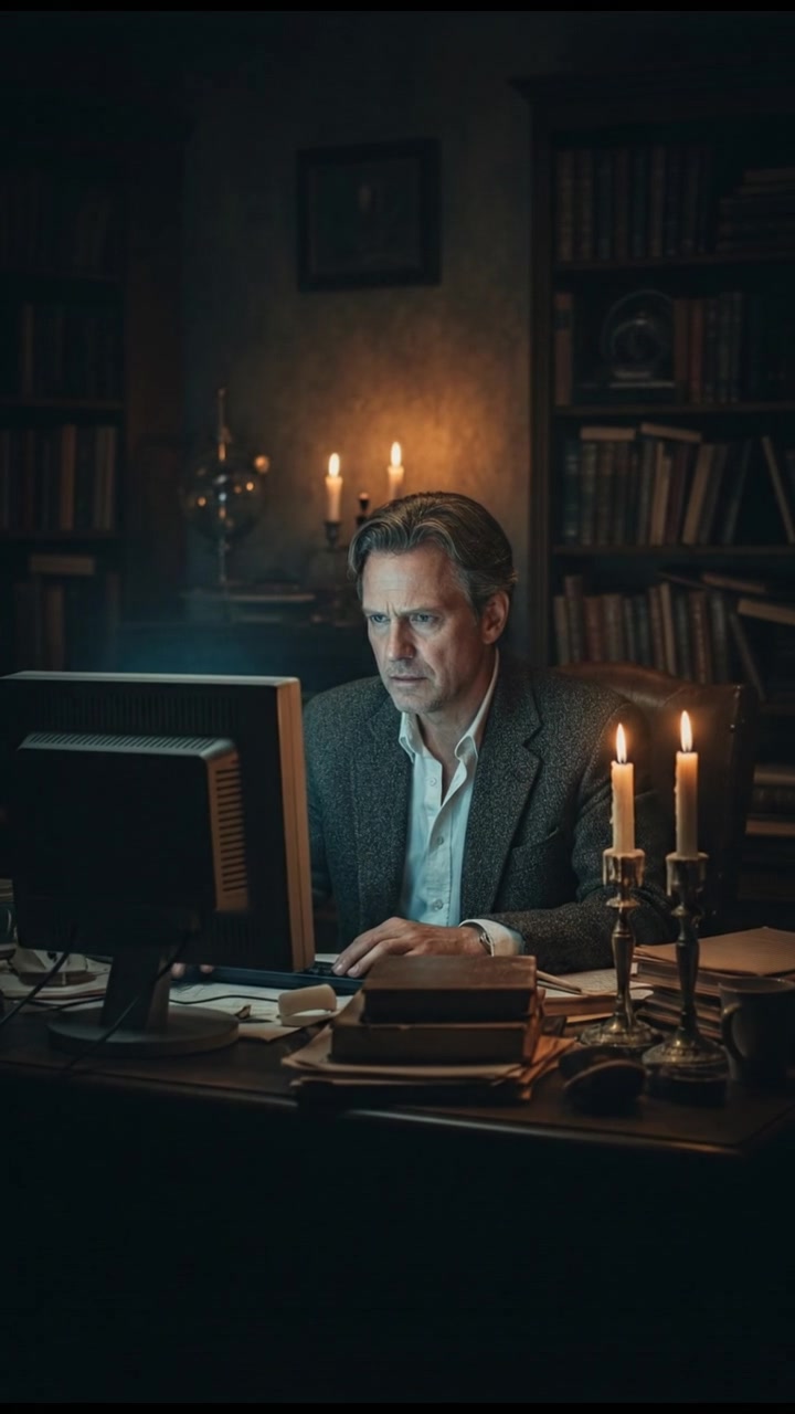 Mark in an office, sitting at a desk cluttered with papers, looking intently towards a computer monitor.