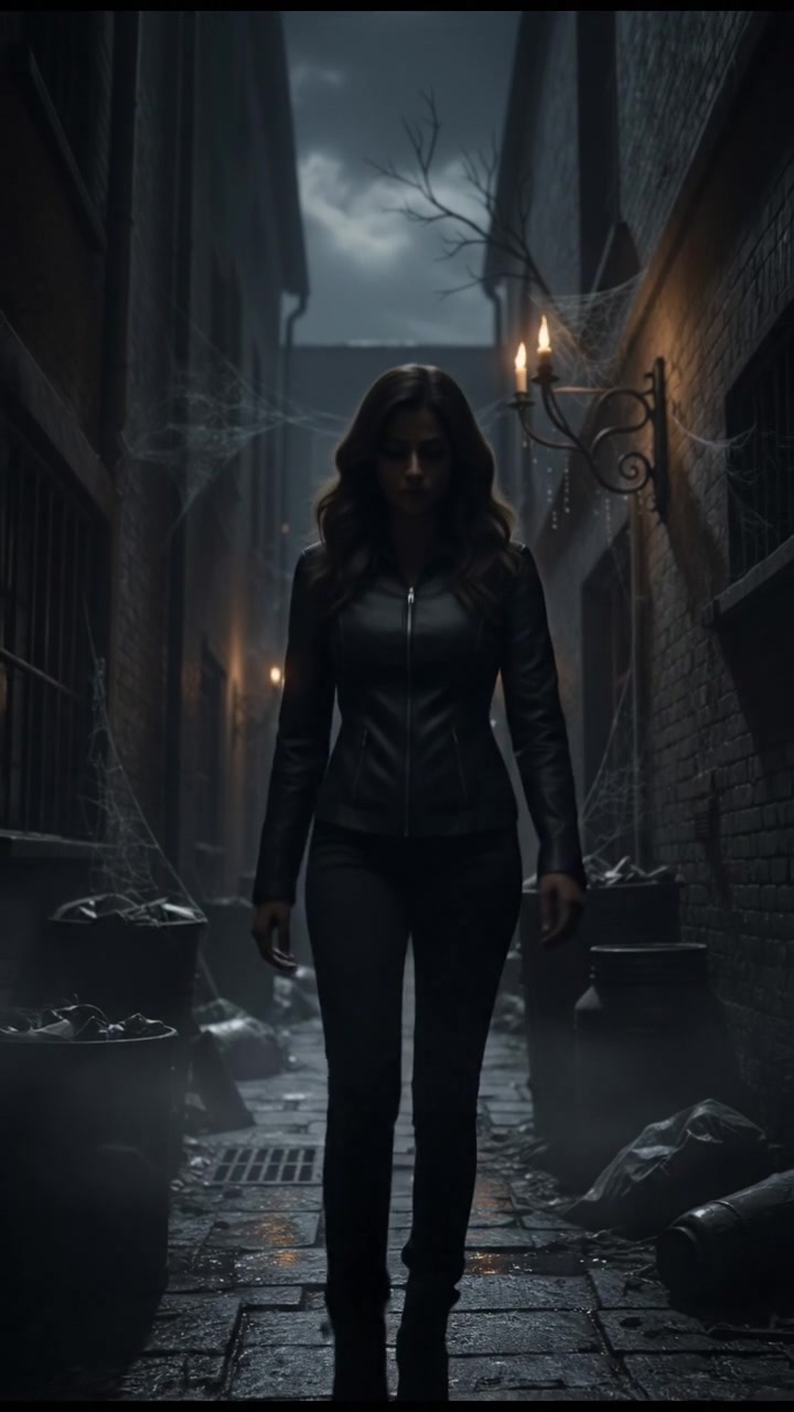 A dark alley at night, showing only the faint outline of Priya walking with a tense demeanor.