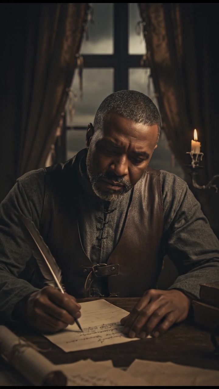 The Kwame sitting at a wooden desk with papers scattered around, a pen in hand, deep in thought.