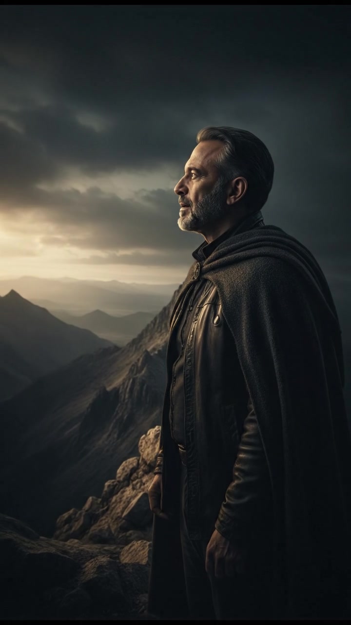 Omar standing on the mountain, looking towards the horizon with a hopeful expression.