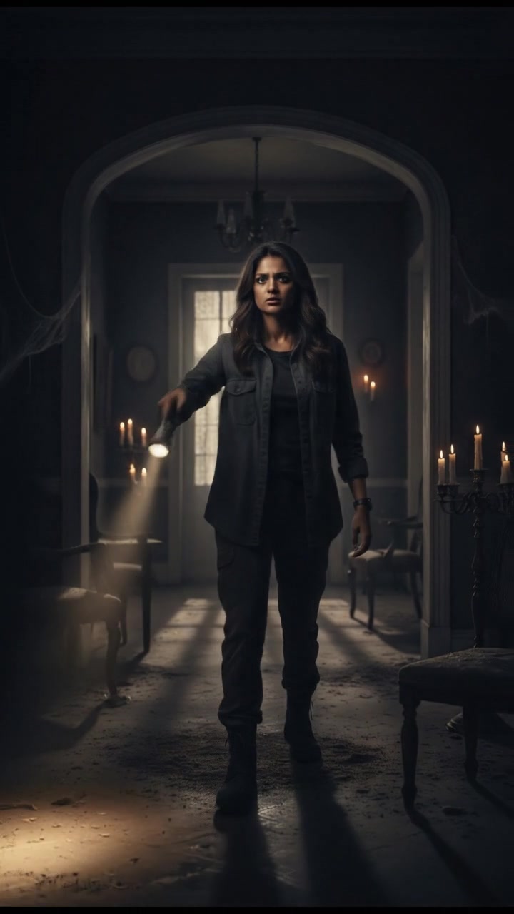 Priya standing determinedly with a flashlight in hand, ready to explore her dark home.