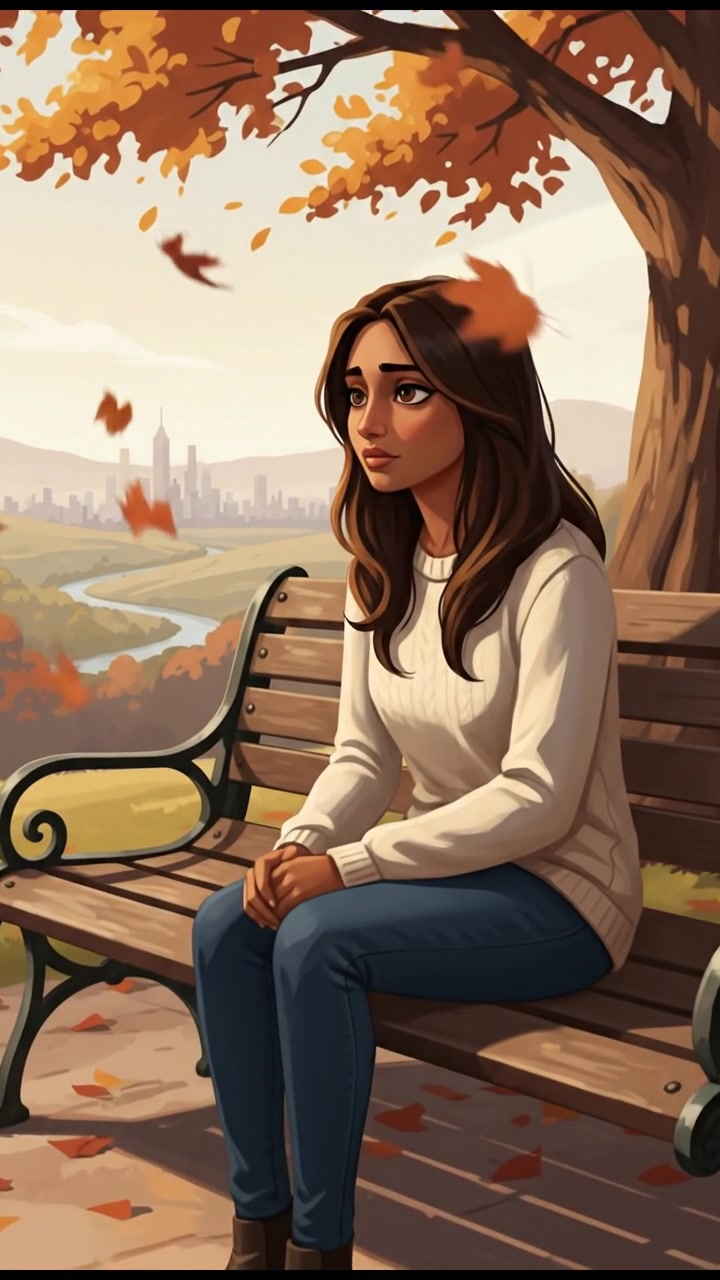 Priya sitting alone on a park bench, looking contemplative with a distant gaze.