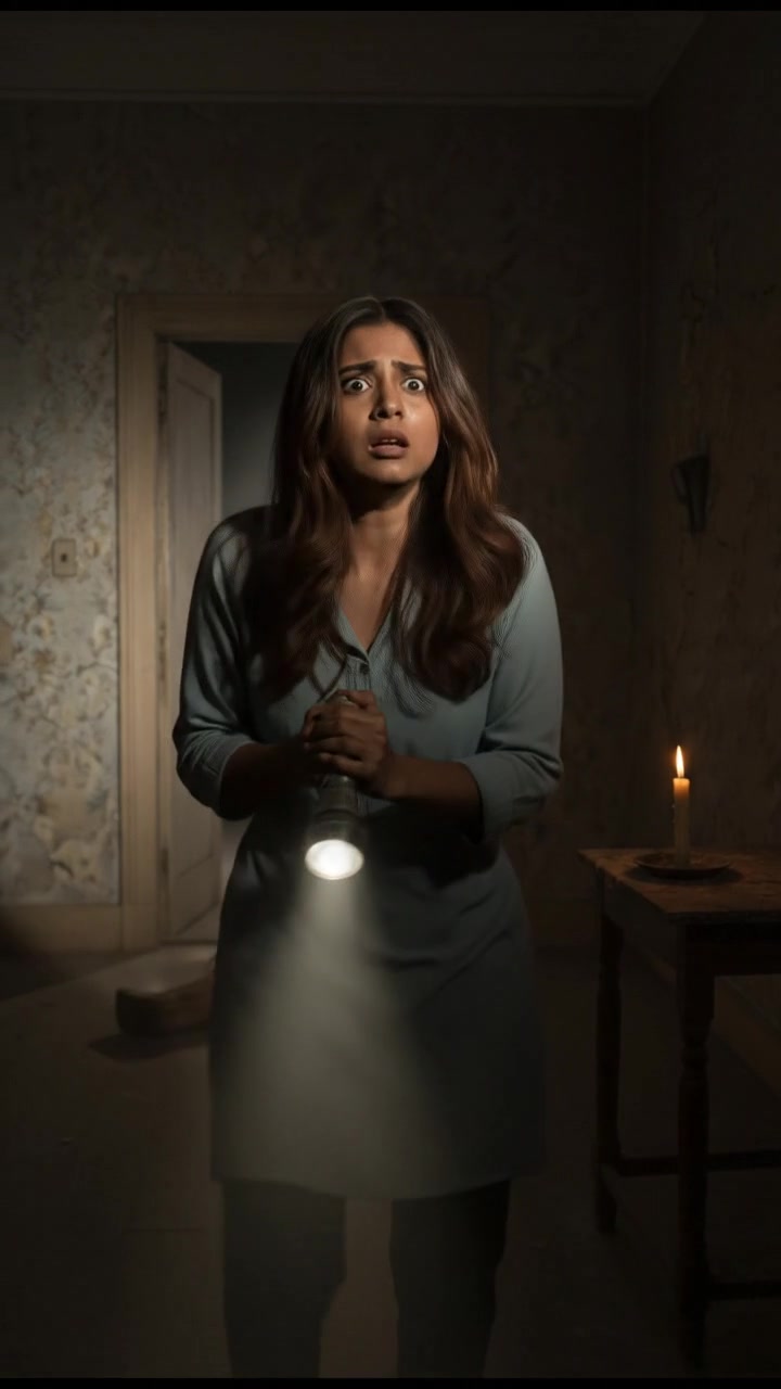 Priya holding a flashlight tightly, her face illuminated in fear as she hears a loud thud.
