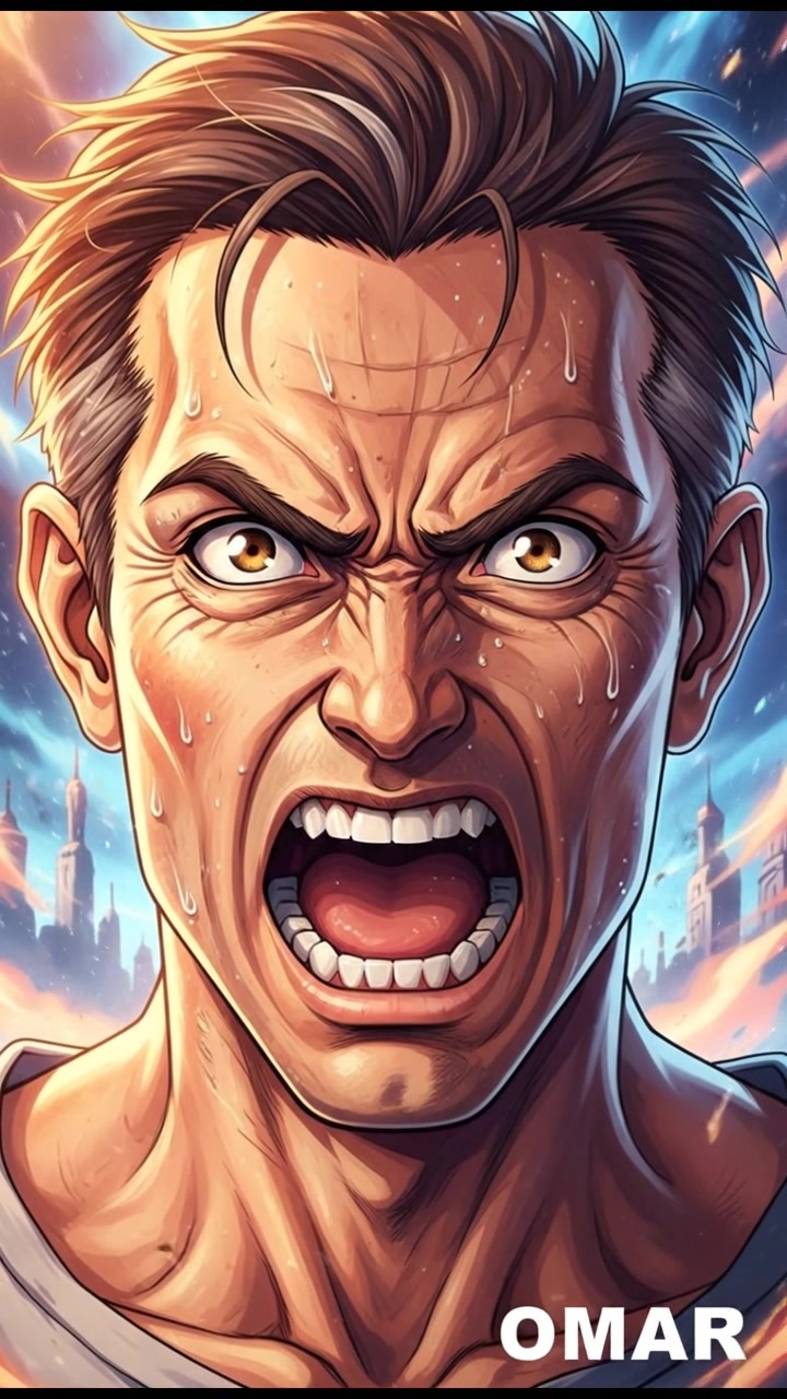 A close-up of Omar's face displaying his fierce determination as he shouts.