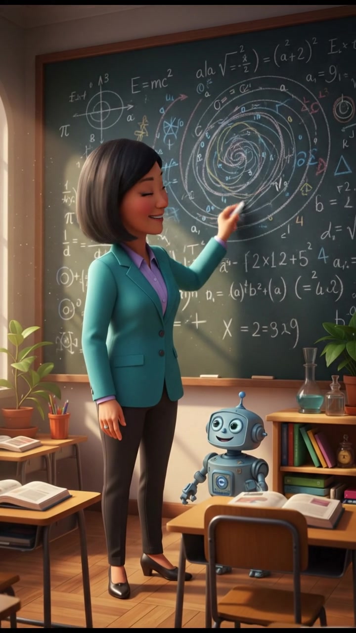 Li stands in a classroom, holding a piece of chalk, writing on a blackboard filled with math problems.