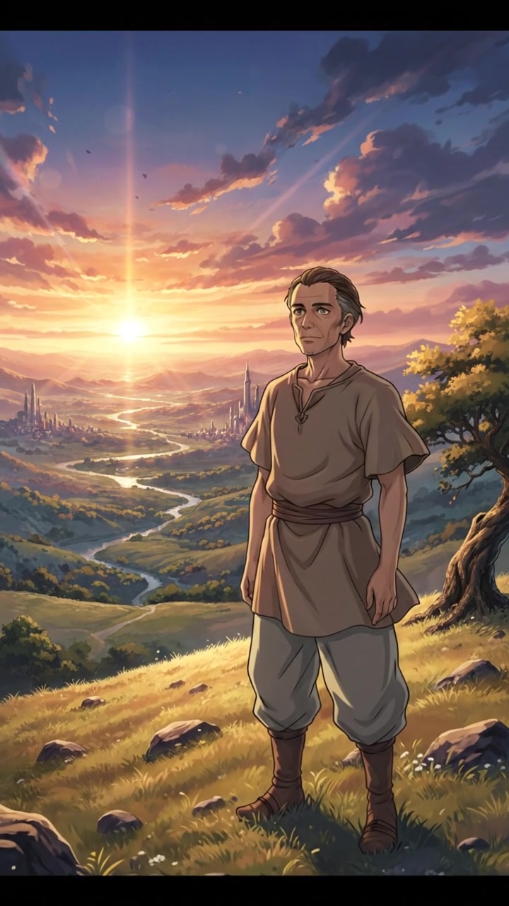 Omar standing on a hilltop, overlooking a vast landscape during sunset, with a contemplative expression.