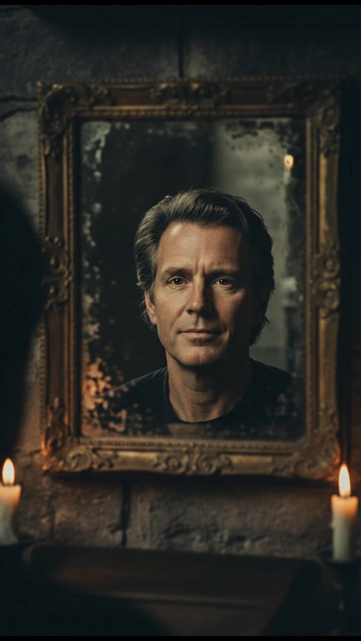 A close-up of Mark's reflection in the mirror, showing a calm expression.