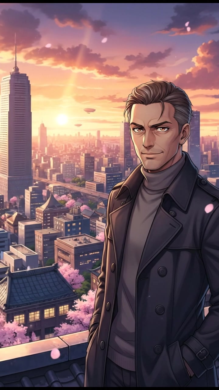 A rooftop scene overlooking the city, with Omar standing confidently, surveying the area.