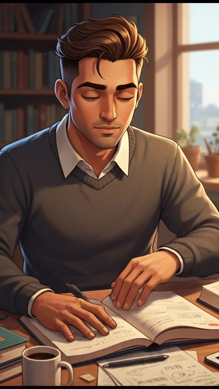 A close-up of Arjun taking notes at a desk, with a thoughtful expression, surrounded by open books.