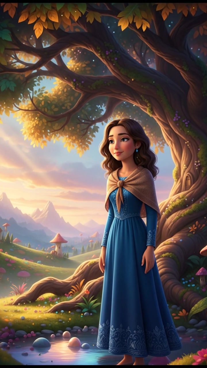 Laila standing alone under a tree, looking contemplative with a serene expression.