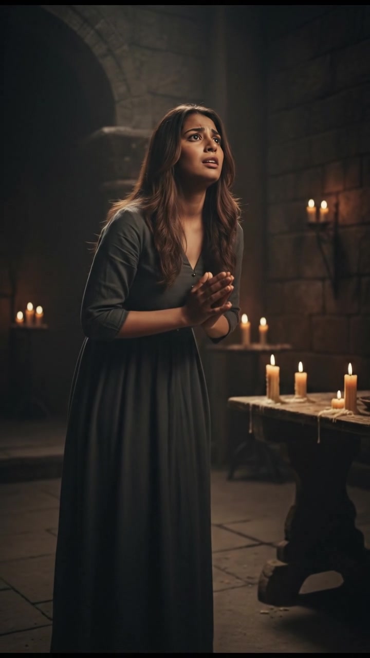 Priya stands nervously in a dimly lit room, her hands clasped together, pleading toward an unseen figure.