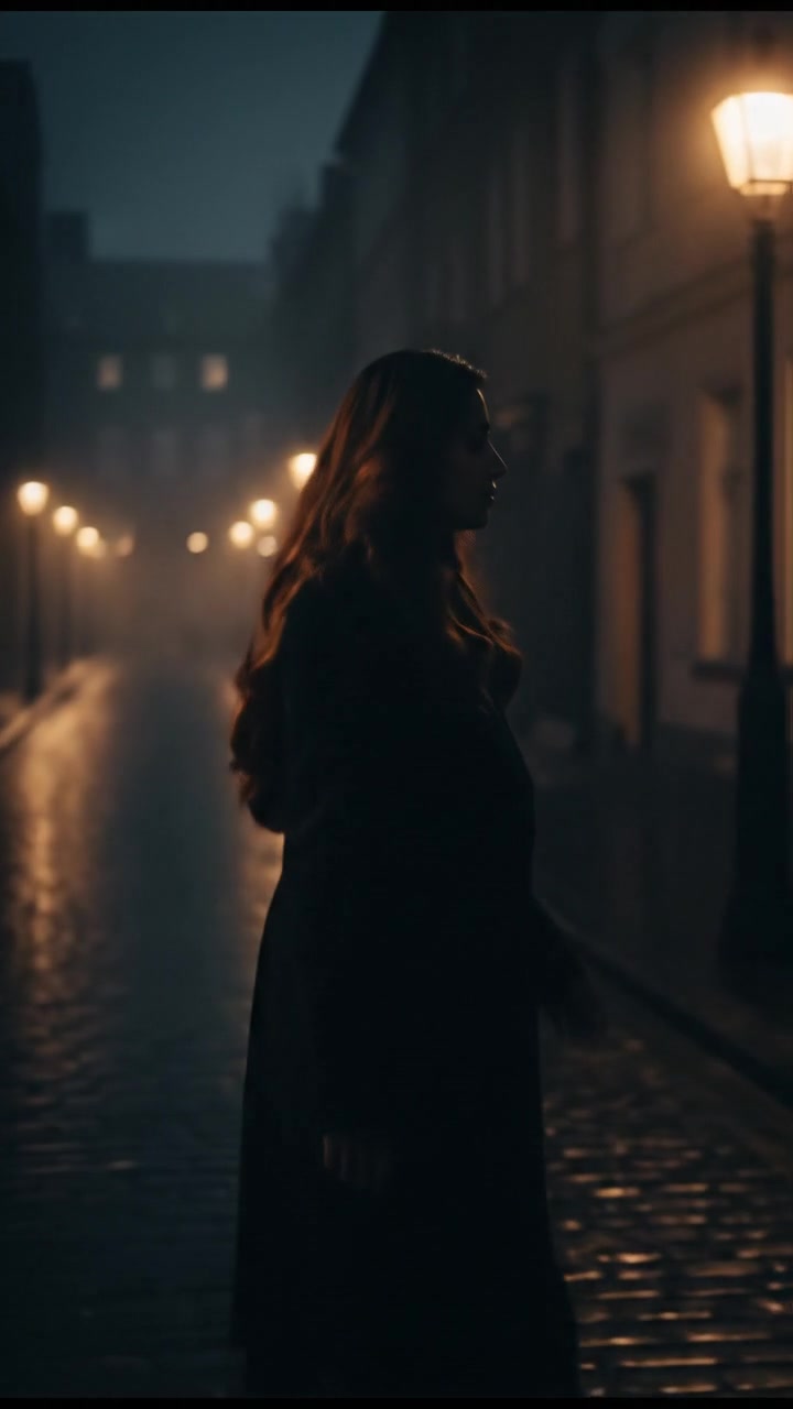 Priya walks alone on an empty nighttime street, streetlights illuminating the path.