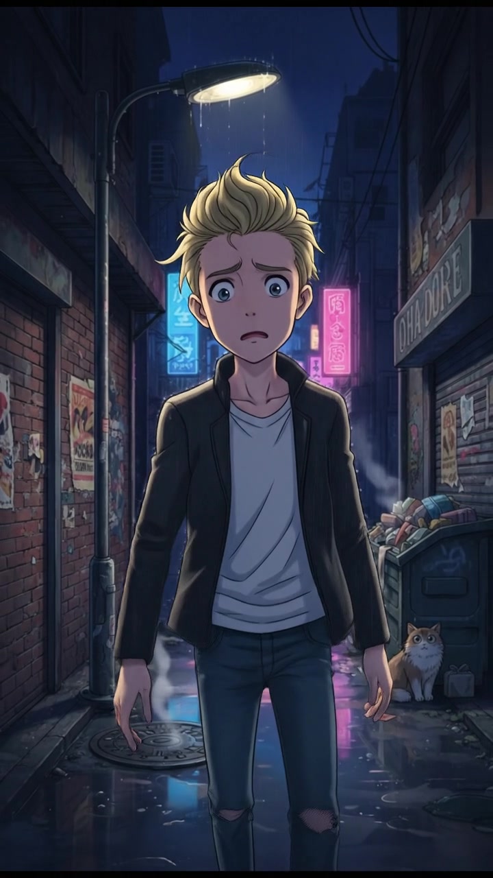 A dimly lit alleyway with Ryan standing beneath a flickering street lamp, looking puzzled.