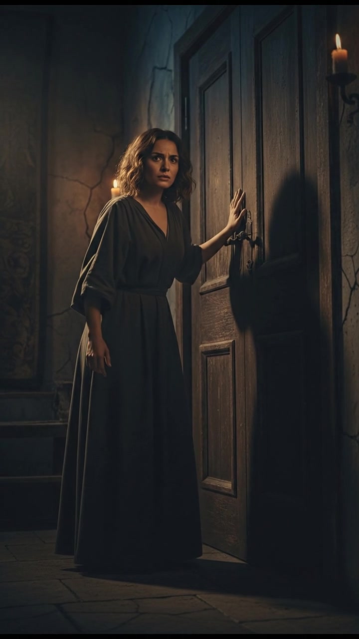 Laila, in a tense stance, stands before a closed door, hesitating to knock.