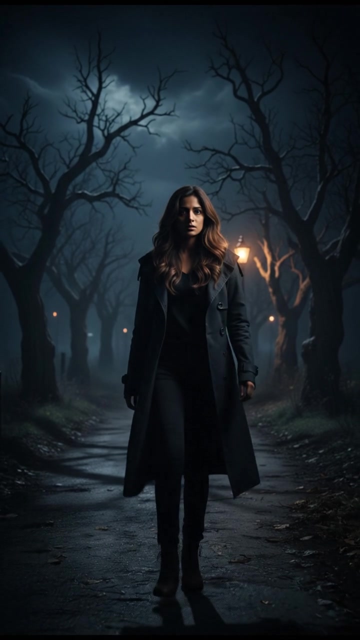 Priya walking alone on a dark, deserted road at night.
