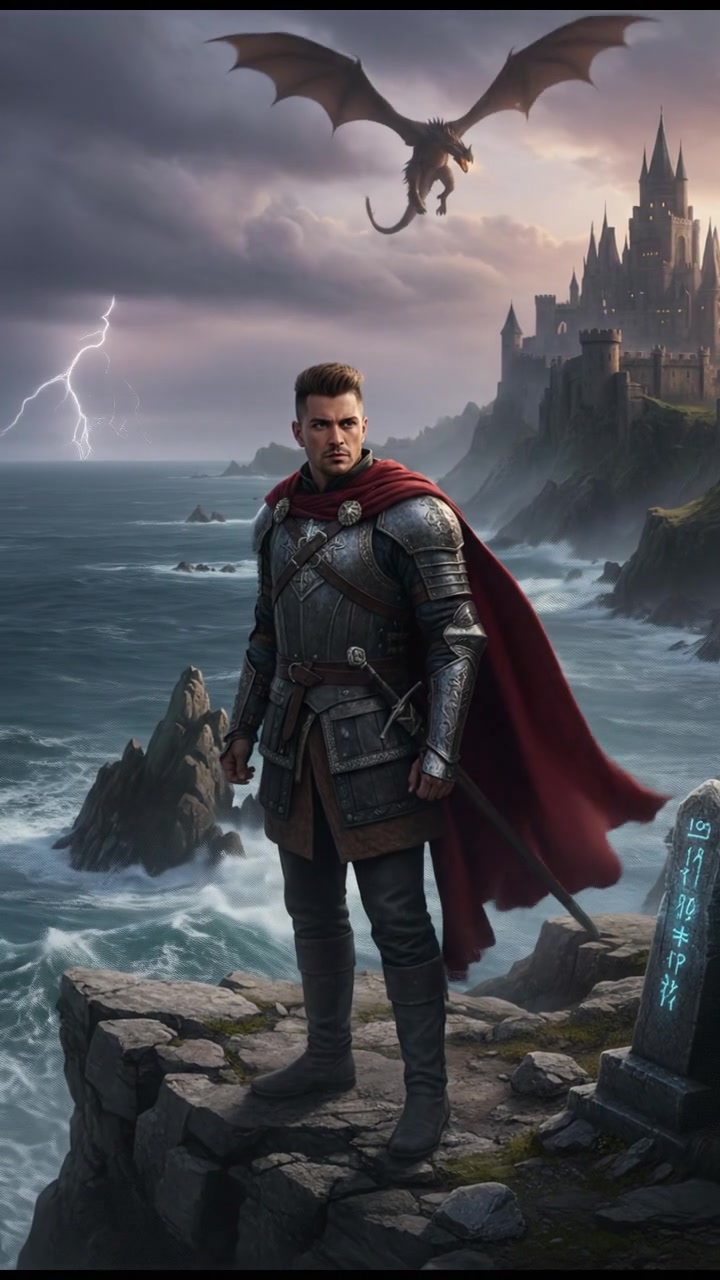 Amir standing alone on a rocky cliff, overlooking a turbulent sea, with a determined expression.