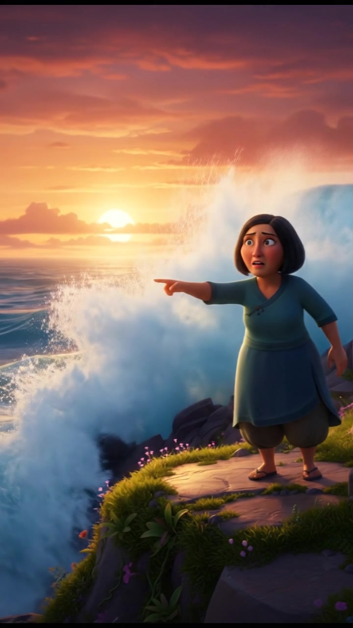 Li looking concerned, pointing towards the sea where waves crash against the shore.