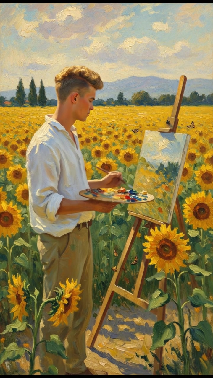 Ryan painting in a bright, sunlit field filled with sunflowers.