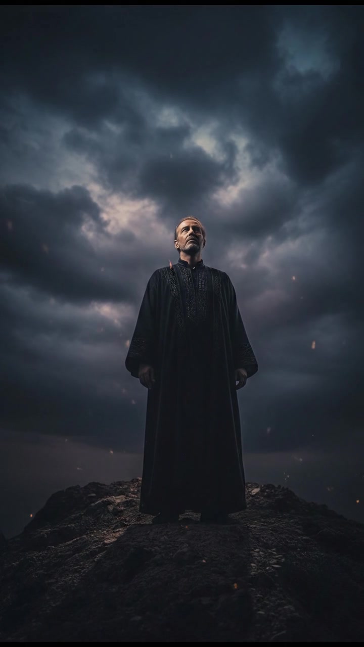 A serene landscape with Omar standing on a hilltop, gazing at the sky, surrounded by gentle clouds.