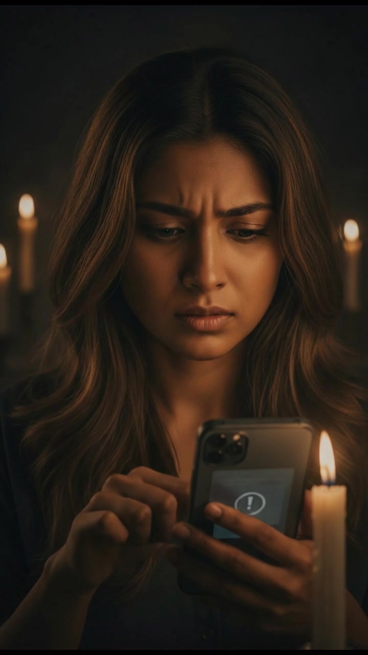 A close-up of Priya's hand tapping her smartphone, with a concerned look on her face.