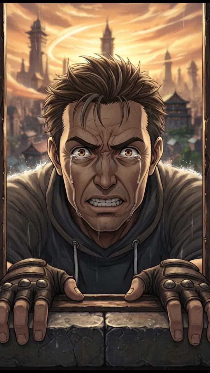 Close-up of Eli’s gloved hands gripping the ledge of a window.