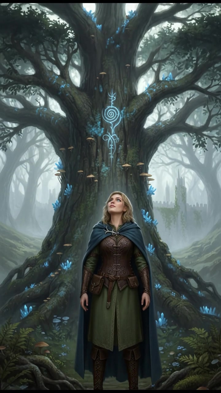 Ashley stands in a lush forest, looking up at a tall tree with a curious expression.