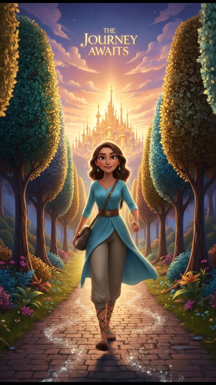 Laila walking confidently down a path lined with trees, leading toward a bright future.