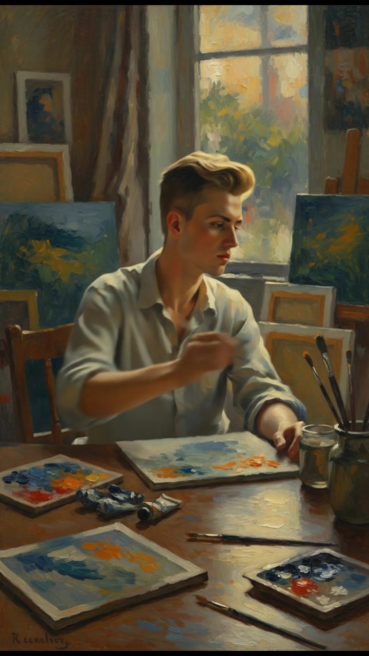 Ryan in a dimly lit room, sitting at a table with paint and brushes scattered around.