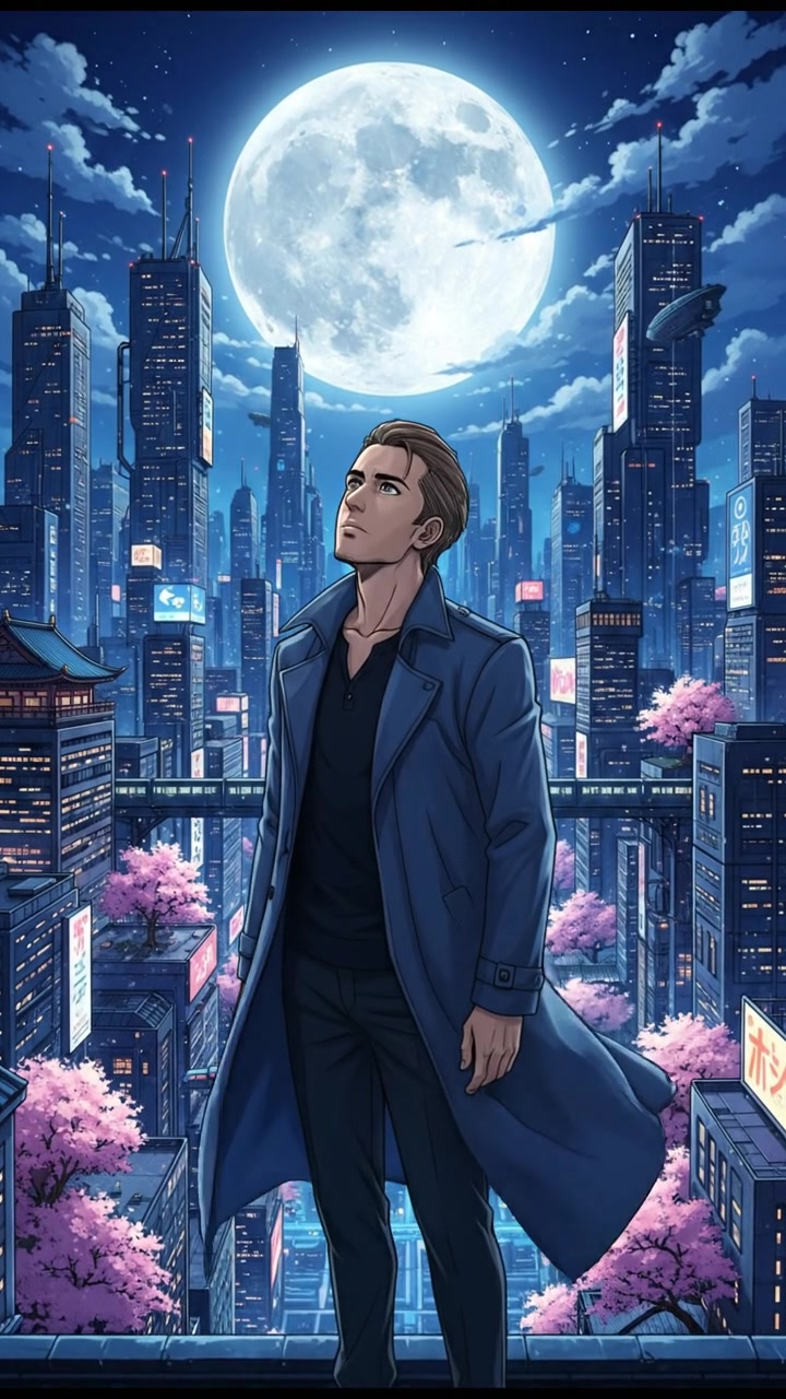 Omar standing on a rooftop ledge, looking out over the city, illuminated by the moon.