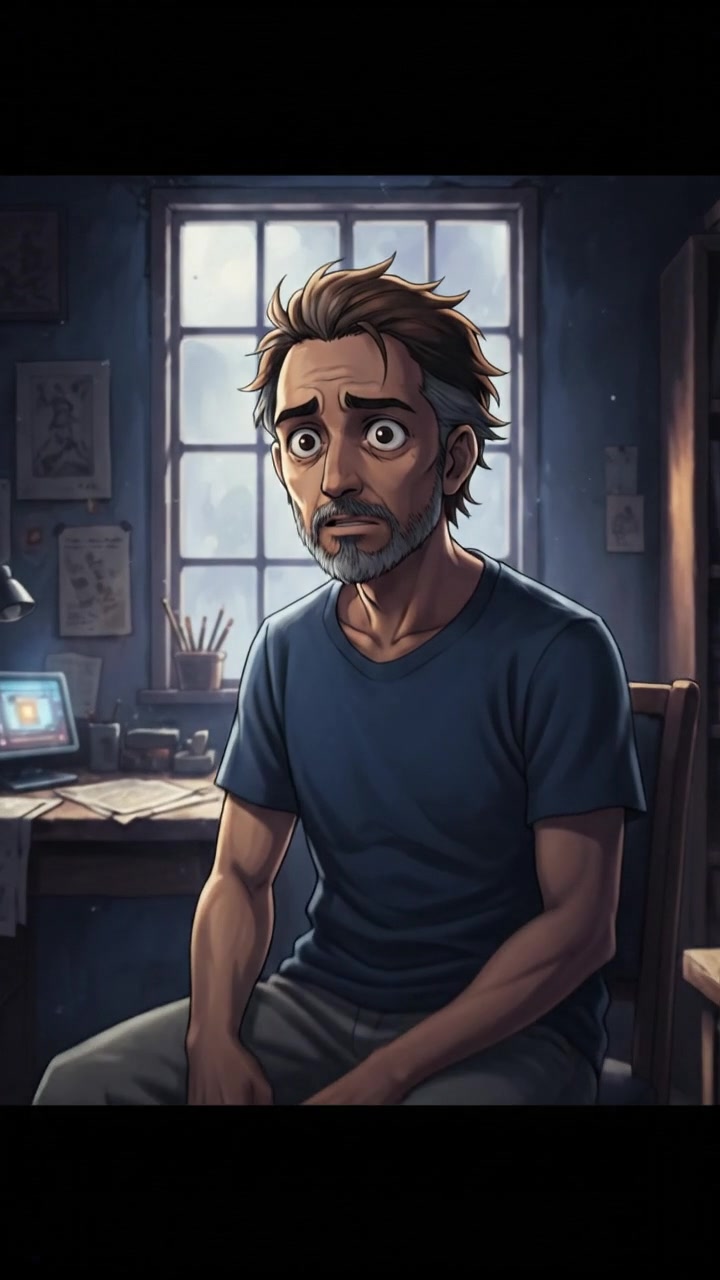 A dark room at night with shadowy corners, showing Raj sitting alone with a worried expression.